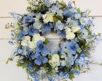 Summer Wreath, Primitive Floral Front Door Wreath"Blue Sky"w/Forget-Me-Nots,Gift Wreath,Wedding Decor,Centerpiece,Door Wreath,Blue Wreath