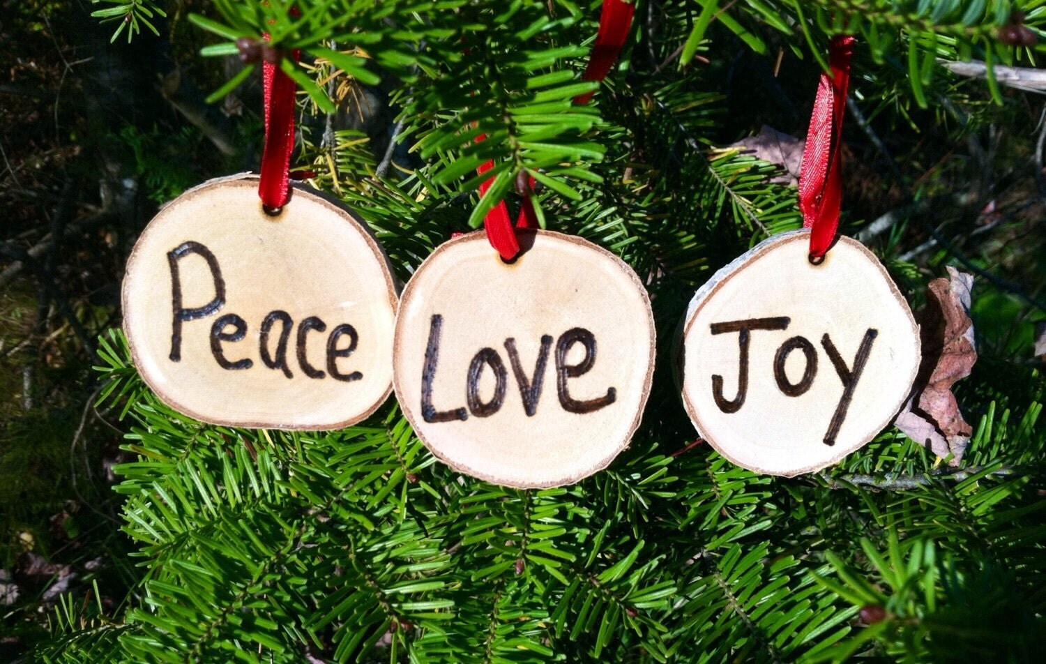 Love Joy and Peace rustic ornaments by LightofdayCreations on Etsy