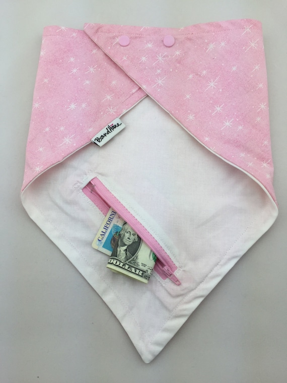 Starlight Starbright: White Star print on Pink Cotton w/Glitter & White Cotton Reversible Bandana with Zippered Pocket by BandHäna