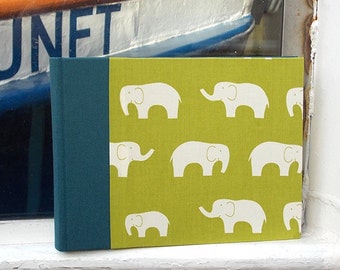 Small photo album, baby album, photos, birth, christening, fabric photo album, personalized, school supplies, green with white elephants