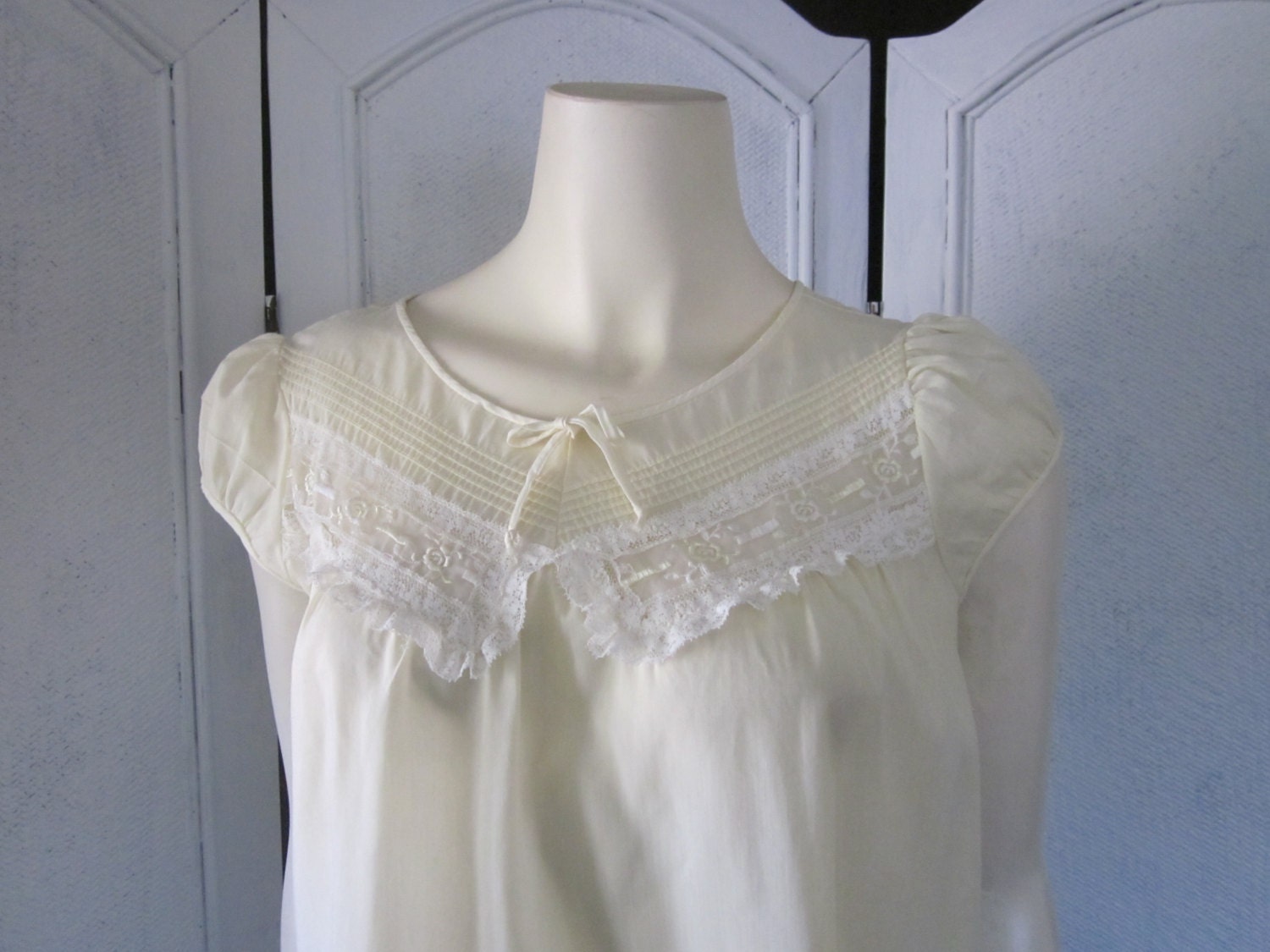 1960s Pale Yellow Sheer Cotton Nightgown with Lace by