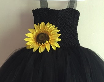 Black Tulle and Sunflower Dress, tulle dress , black dress, black tulle party dress, sunflower wedding