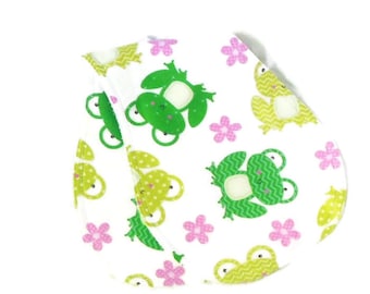 Two baby burp cloths, green frogs and pink flowers, contoured burp cloths, cotton terry and flannel, reversible