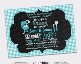 Baby Q Barbeque Baby Shower Invitation Boy BBQ Invitation Printable Barbecue Invite (Blue Gingham Pattern)- Digital File