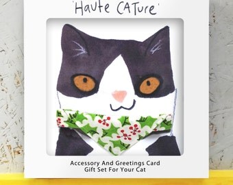 Christmas Cat Gift Set Christmas Holly slide on Bandana and collar Christmas Gift Tuxedo Cat Black and White Cat