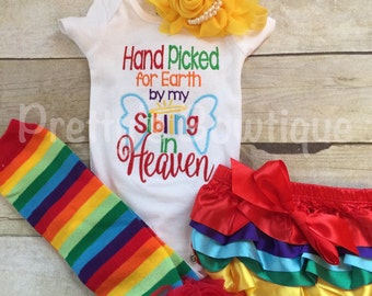 Hand picked for earth shirt or bodysuit-- Baby girls outfit-- Rainbow baby set-- Hand Picked for earth by sibling -- can customize wording