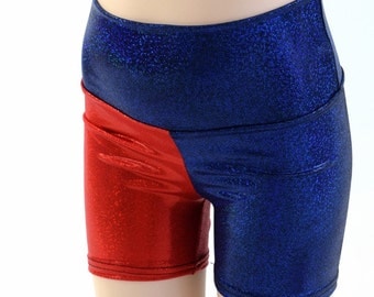 Kids Harlequin High Waist Shorts with 2.5" inseam Childrens Unisex Sizes 2T 3T 4T and 5-12 Harley Quinn Cosplay (Red on RIGHT hip) 153918