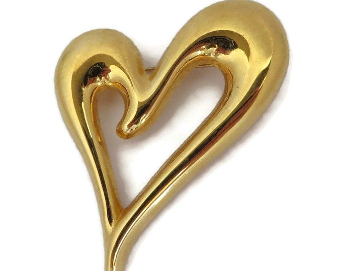 Monet Heart Brooch, Vintage Gold Tone Abstract Heart Pin Designer Signed Costume Jewelry Gift Idea