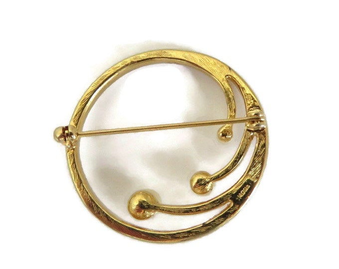 Monet Circle Brooch - Vintage Faux Pearl Gold Tone Circle Pin, Gift idea, Gift Box