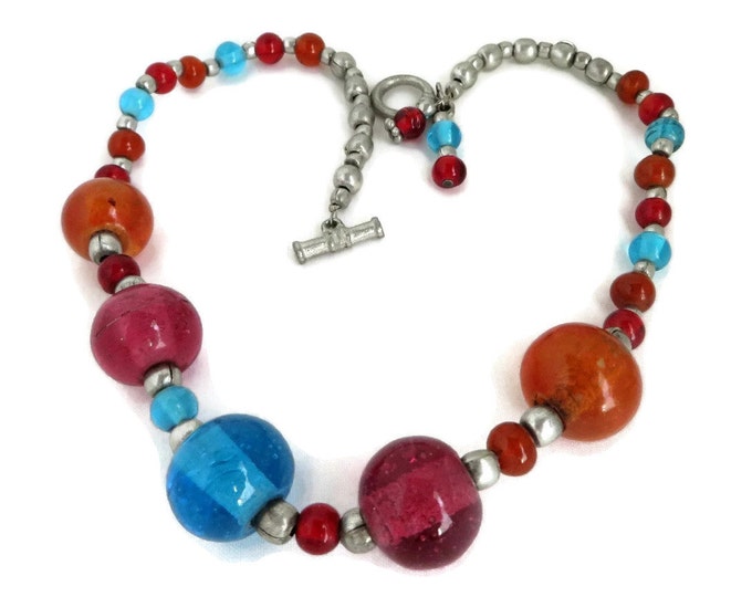 Pink & Blue Glass Bead Necklace, Vintage Chunky Pink Blue Orange Silvertone Bead Necklace
