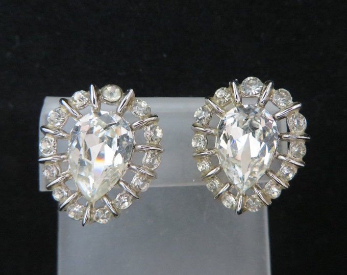 Bridal Earrings, Crown Trifari Rhinestone Earrings, Vintage Bridal Jewelry, Pear Shaped Silver Tone Clip ons, Perfect Gift, Gift Box