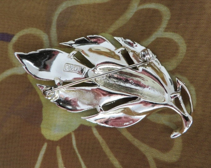 Vintage Lisner Leaf Brooch, Silver Tone Signed Designer Pin, Christmas Gift