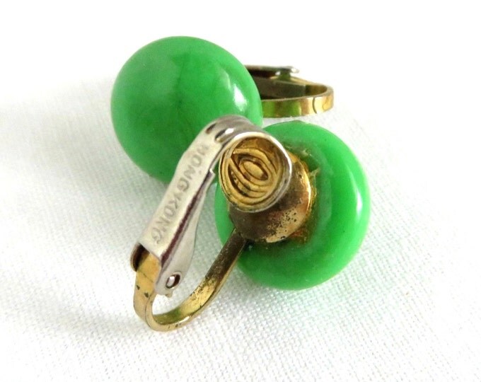 Green Button Earrings, Vintage Hong Kong Clip-on Apple Green Earrings, Gift for Her
