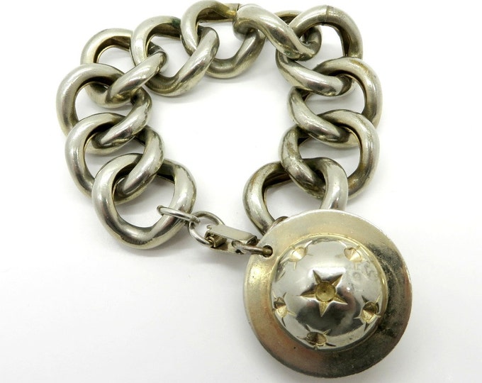 Celestial Ball Bracelet, Vintage Chunky Silvertone Link Bracelet