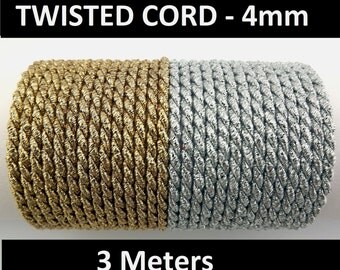Twisted Soutache Braid, Cord, Trim - 4mm thick- Silver or Gold - 3 meter