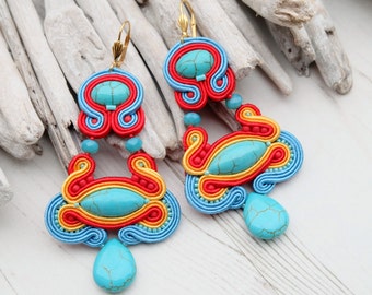 Soutache rojo largo turquesa pendientes-gran araña pendiente Oriental étnico declaración pendientes-colgantes con cuentas pendientes Hippie Boho pendientes