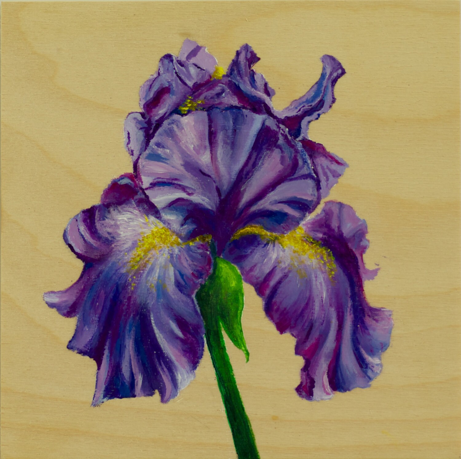 Purple Iris Painting in Acrylic on wood panel.