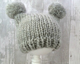 Gender Neutral Baby Hat, Light Grey Knitted Hat, Baby Winter Hat, Baby Knit Hat, Unisex Baby Clothes, Hand Knit Baby Clothes, Newborn Gift