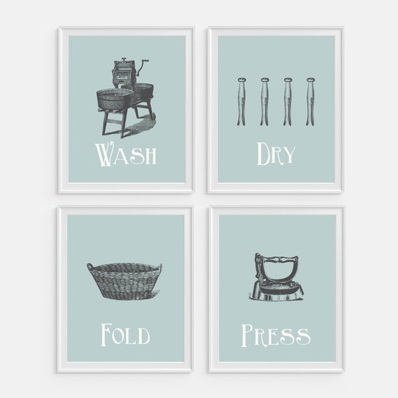 Items similar to Laundry Room Wall Art Print 'Wash Dry Fold Press' Set ...