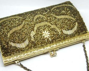 Rhinestone Kiss Lock Purse Clutch Heavy Beaded Copper Beaded Chain Handle Something Old Wedding 50's Hong Kong teamvintageusa ecochic team