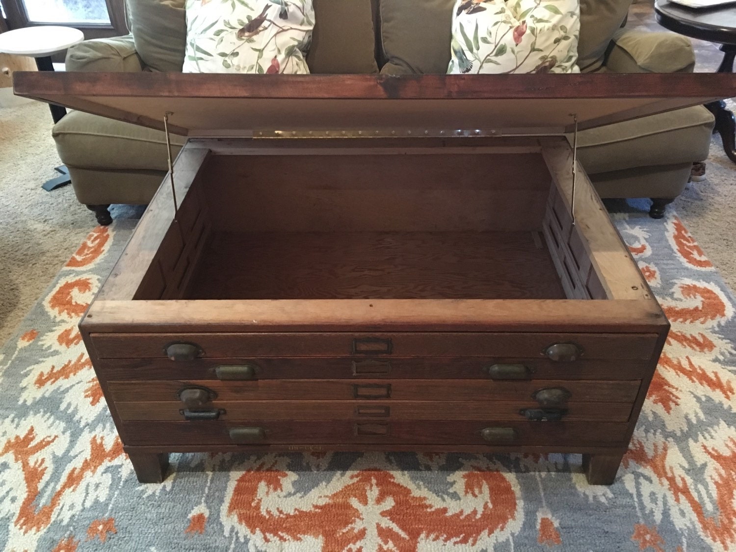 Vintage Wooden Map Flat File Coffee Table with Storage