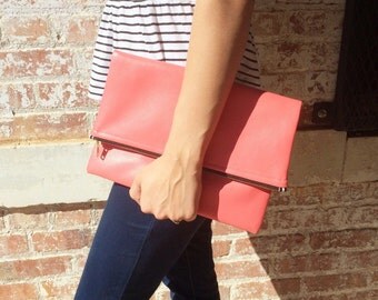 Vegan Bright Coral Leather Foldover Clutch - Gift for her, Birthday, Anniversary, Bridesmaid