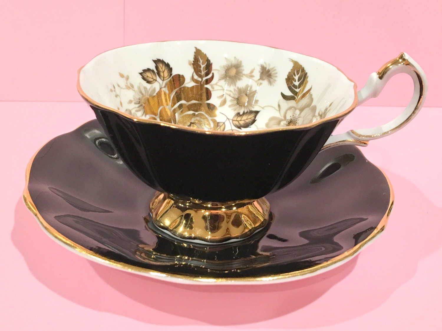 Black Gold Tea Cup and Saucer, Queen Anne Tea Set, Black Gold Cups