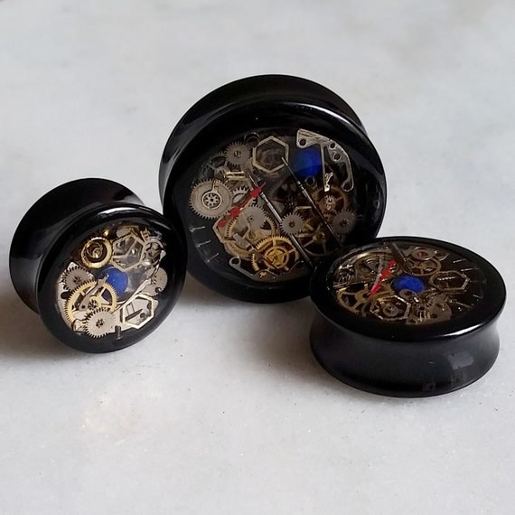 STEAMPUNK Style "Time Travellers" Black Double Flare Cog Tunnels/ Plugs **Sizes 20mm / 22mm / 24mm / 28mm / 30mm / 32mm / 38mm / 40mm** by earoes steampunk buy now online