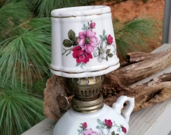 White & Floral Finger Loop Oil Lamp Vintage Home Decor