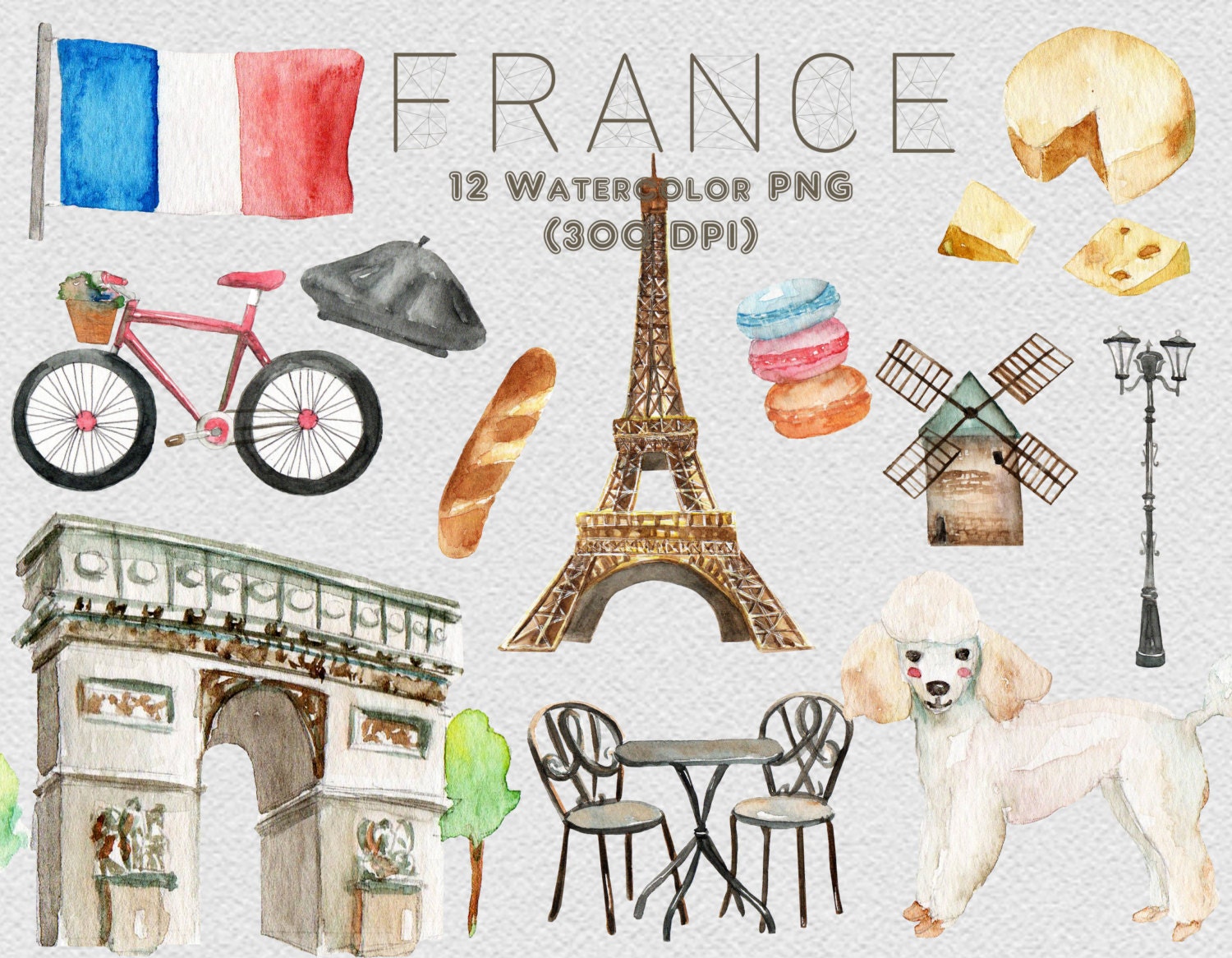 France Paris Watercolor Clipart Eiffel Tower Arc by ...