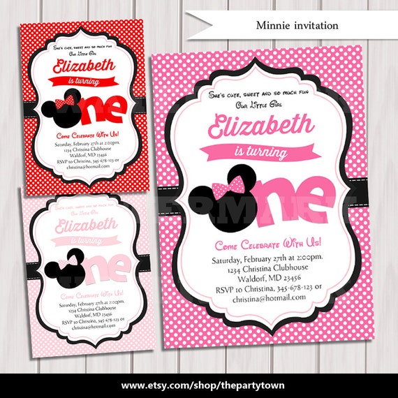 Minnie Birthday Party Invitation Hot Pink Pink Red Minnie Mouse