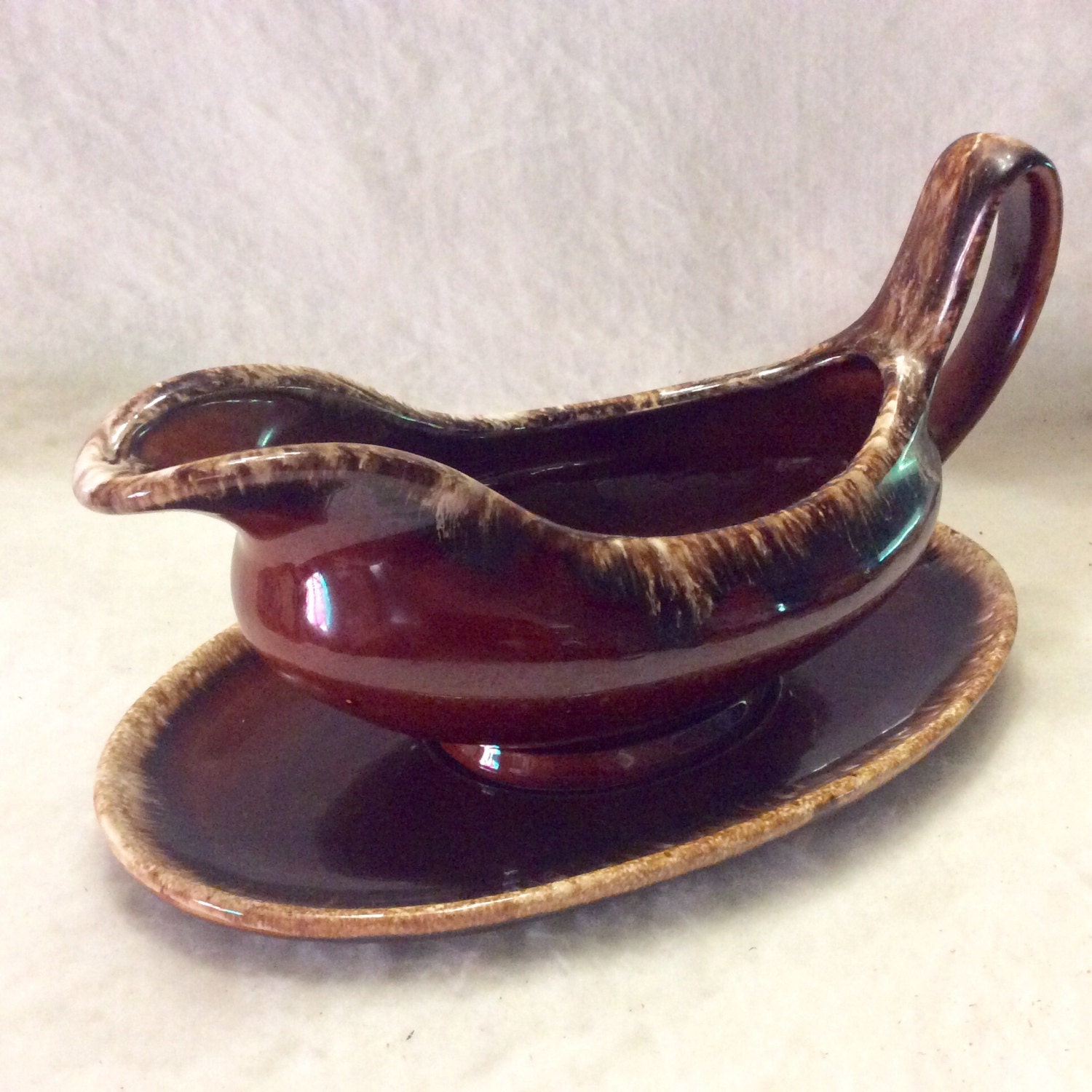 Hull Pottery brown drip gravy boat and tray platter. Free ship