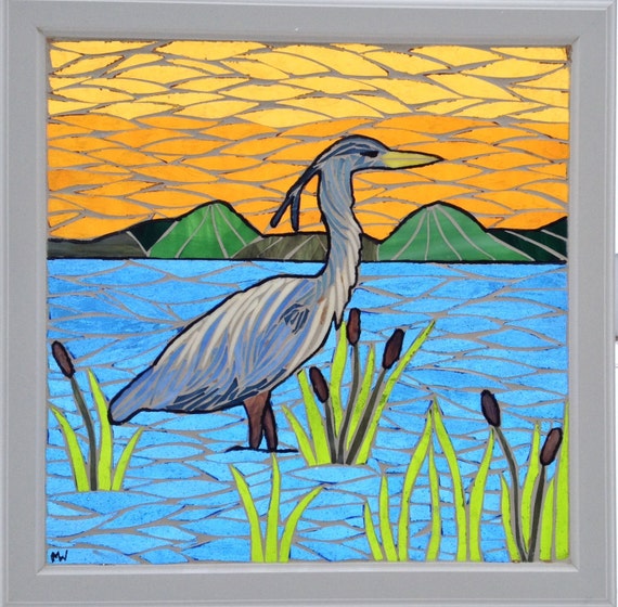 Heron Stained Glass Mosaic Blue Heron by NiagaraGlassMosaics