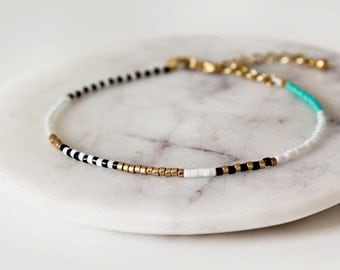 Teal, Black and White Miyuki Seed Bead Bracelet / 16k Gold Plated Bracelet / Wish Bracelet / Beaded Friendship Bracelet / Delicate Bracelet
