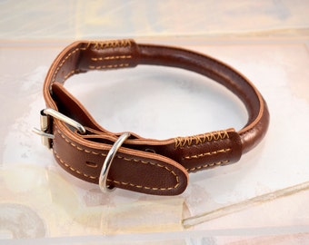 Rolled Leather Dog Collar and Leash Set Rolled Round Soft Brown Handmade PU Leather Dog Collar - 14" to 27" Neck Size