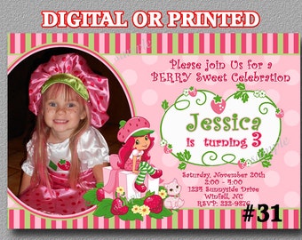 Strawberry Shortcake Invitation with Photo YOU Print Digital File or PRINTED Birthday Party Invitation