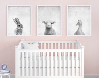 Set of Three Baby Animal Prints Nursery Art Prints Black and White Art Bunny Print Lamb Duck Kids Room Decor Nursery Decor Baby Gift Ideas