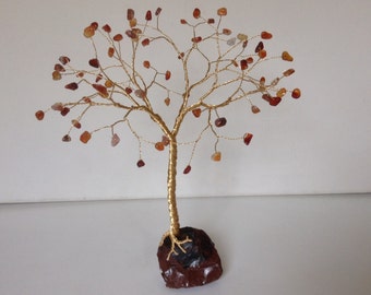 Gemstone Tree of Life Sculpture. Carnelian & Mahogany Obsidian . Orange Tree. Gold Wire Ornament. Crystal Sculpture. Tree Artwork