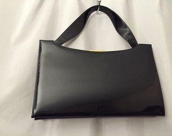 Black Patent Handbag Vintage Purse Gold Metal Clasp Top Handle Strap Handbag