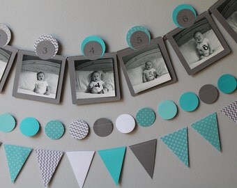ANY COLOR Baby's First Year 12 Month Photo Banner, Paper Banner Display for 0-12 Month Pictures - teal - grey - aqua - Month by Month banner