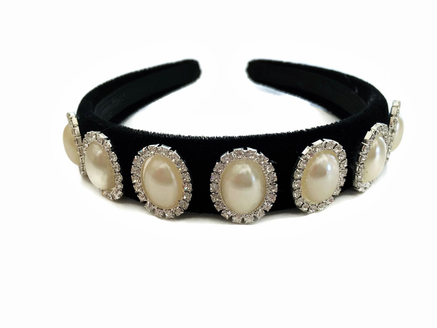 Stunning Black Velvet Headband Hair band with Oval Pearl and