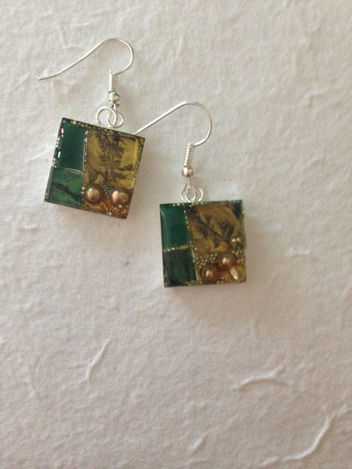 Mosaic stained glass earrings green and gold by MosaicPendantsPlus