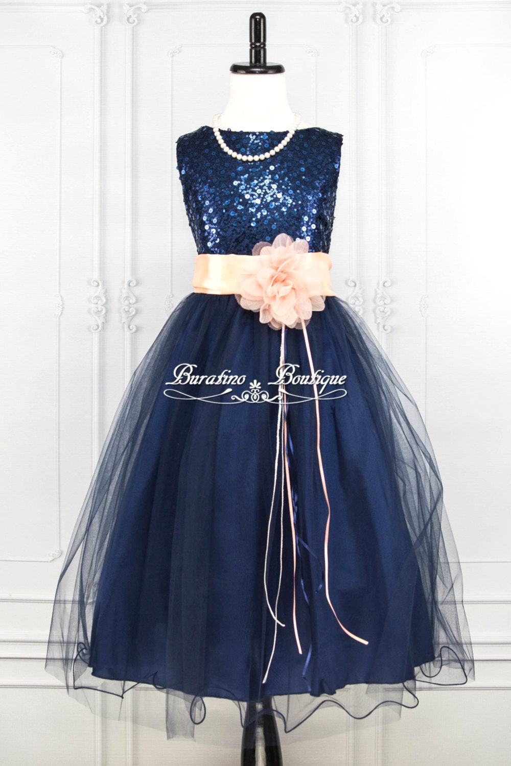 NAVY BLUE Sequin Flower Girl Dress Peach Sash by BURATINOBOUTIQUE