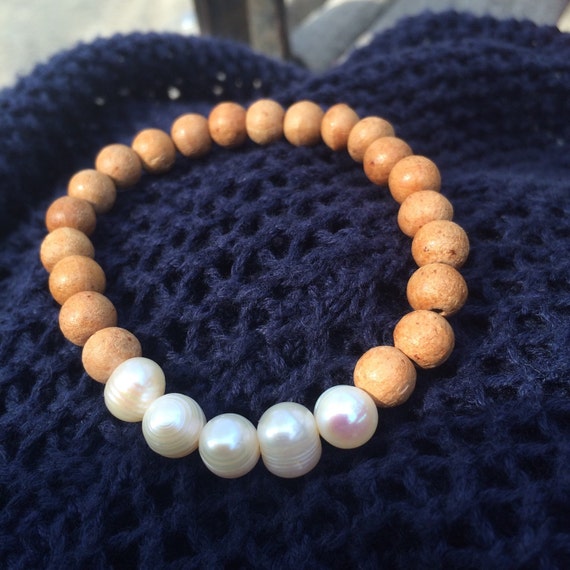 Sandalwood and Freshwater Pearl Bracelet by IrkaDesign on Etsy