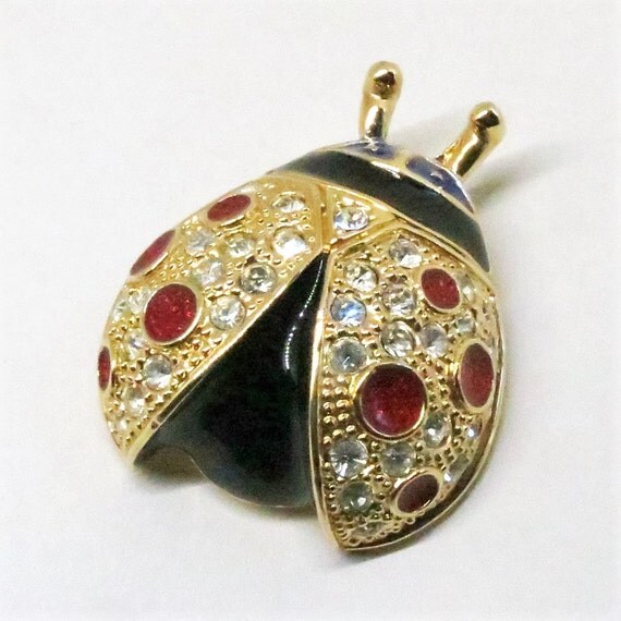 Ladybug Brooch Vintage Roman Signed Gold Tone Black Blue