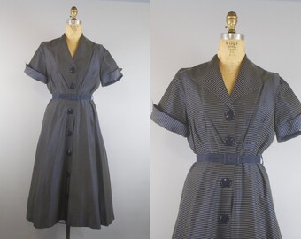 Sailor Stripe Dress / 50s Navy Blue Dress / 1950s Dress
