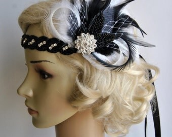 Black and white Rhinestone Flapper 1920s headpiece,Bridal wedding crystal headband great gatsby headpiece, rhinestone flapper