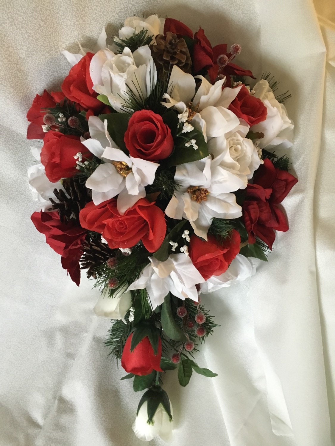 Red and White Silk Christmas Wedding Bouquet Poinsettia Rose