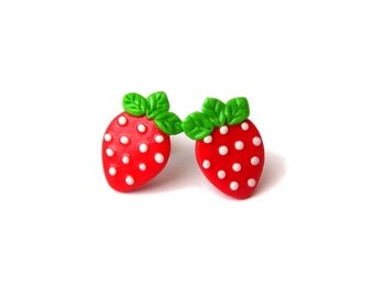 Strawberry Earrings, Red Earrings, Miniature Food Earrings, Fruit Earrings, Summer Jewelry, Girls Outfit, Girls Earrings, Small Earrings