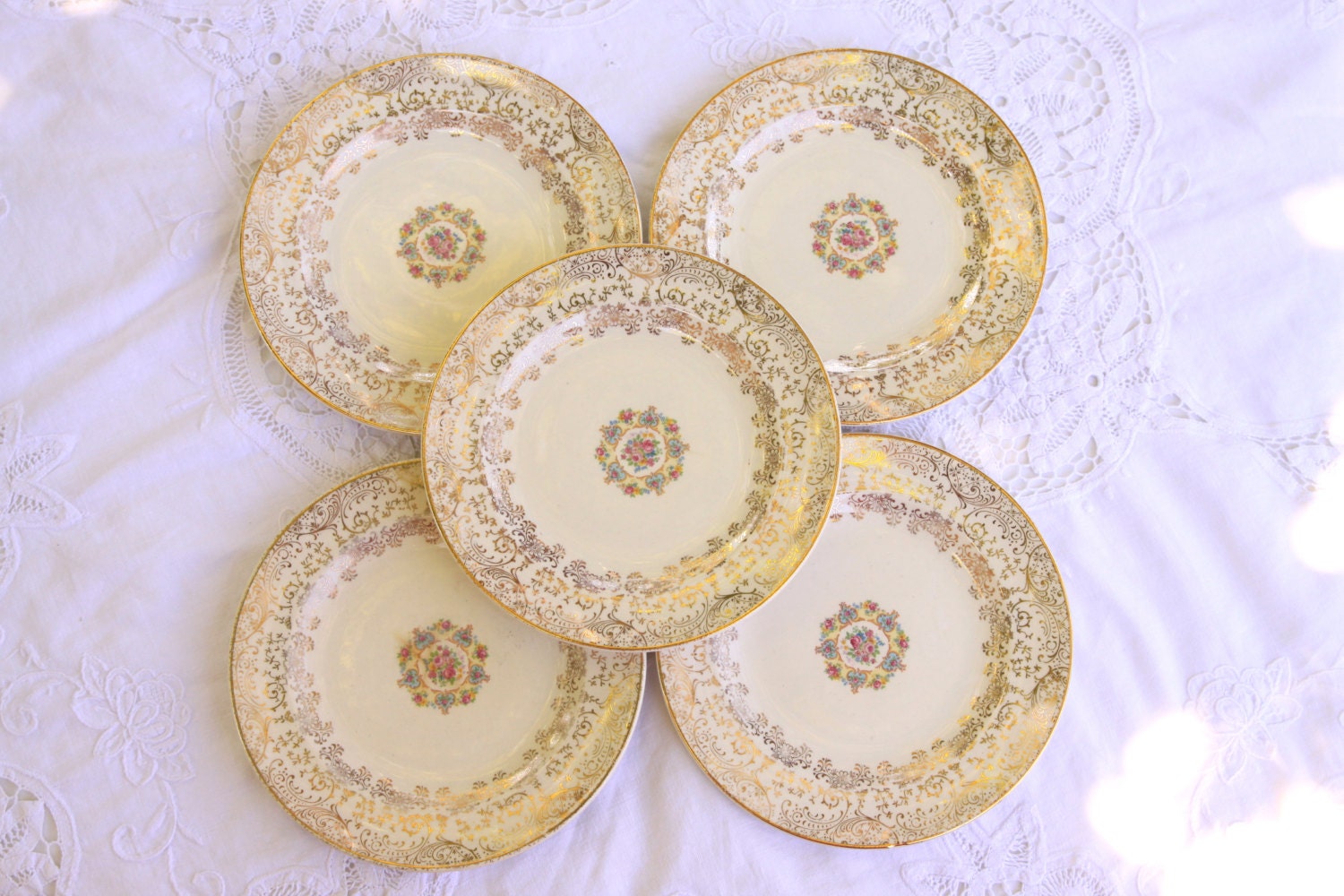 5 Vintage Vanity Fair Plates 22K gold design